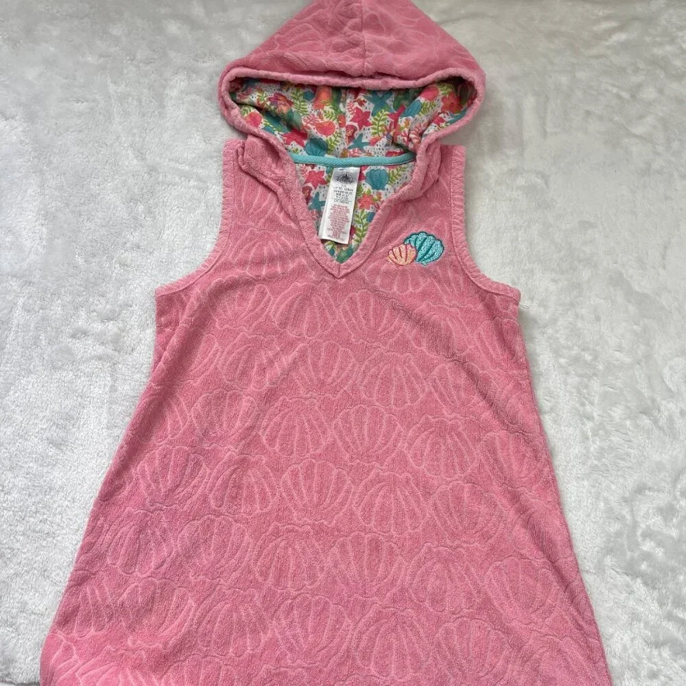 Disney Ariel Swim Cover Up Girls Size 7/8 Terry Cloth Jacquard Shell Hooded Pink